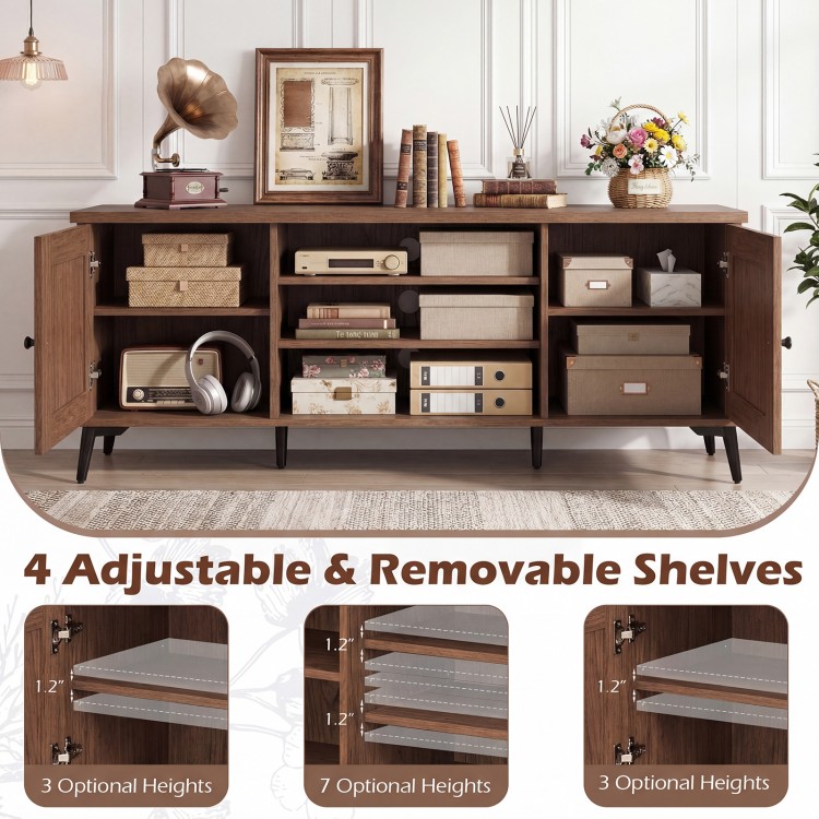 Mid-century modern 2-door TV stand in brown with adjustable shelves, suitable for TVs up to 65 inches, featuring cable.