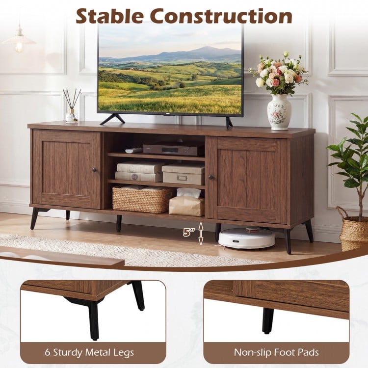 Mid-century modern 2-door TV stand in brown with adjustable shelves, sturdy metal legs, and non-slip foot pads for.