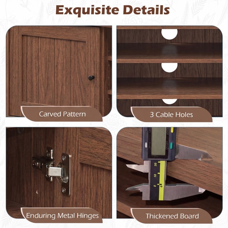Close-up of the 2-door TV stand's carved pattern, thickened board, and enduring metal hinges for stylish durability.