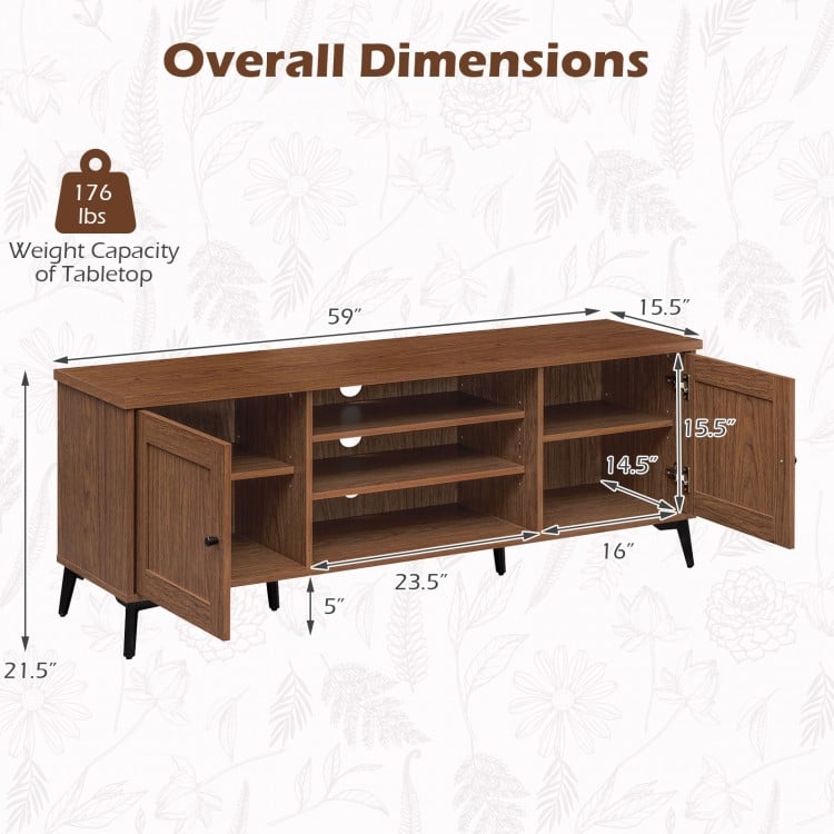 Mid-century modern 2-door TV stand with dimensions, adjustable shelves, and sturdy metal legs for TVs up to 65 inches.