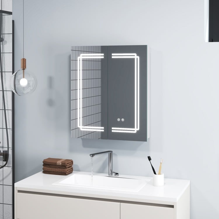 Double-sided HD bathroom mirror cabinet with lights, adjustable shelves, and anti-fog function for daily routines.