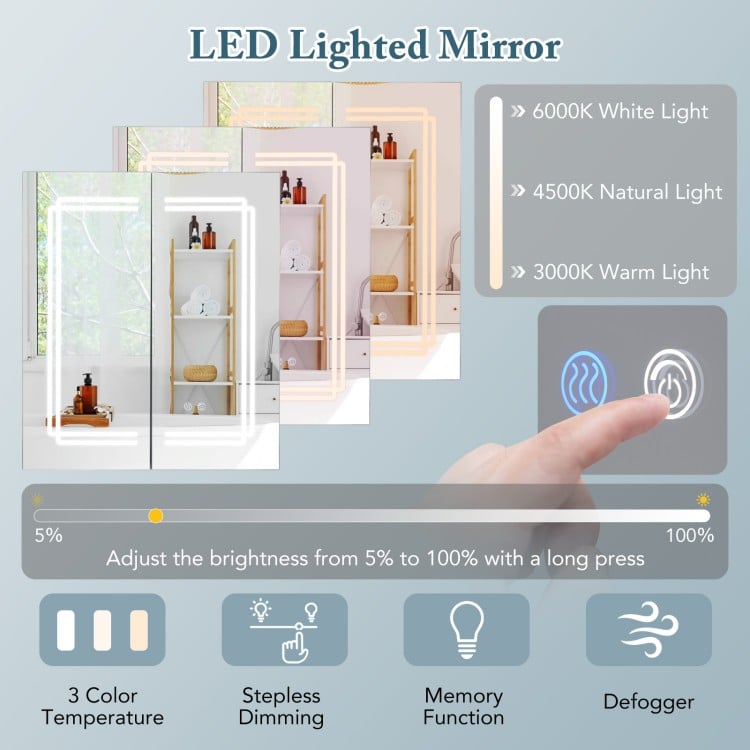 Double-sided HD mirror cabinet with adjustable lighting, anti-fog function, and soft-closing hinges for bathroom use.