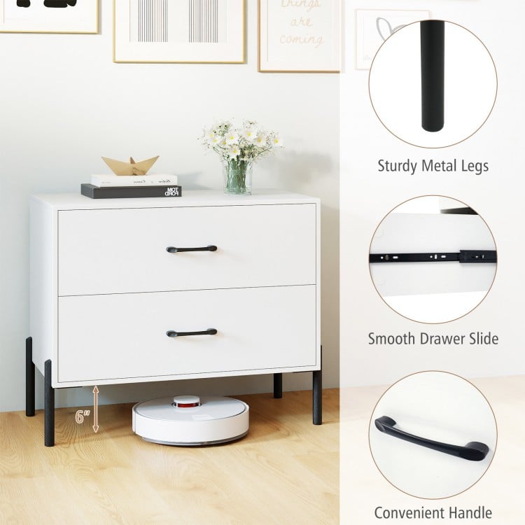 White 2-drawer dresser with sturdy metal legs, smooth drawer slides, and convenient handles for modern bedroom storage.