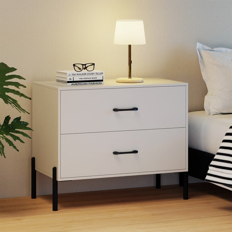Modern white 2-drawer dresser nightstand with metal handles and sturdy legs, perfect for bedroom or office use.