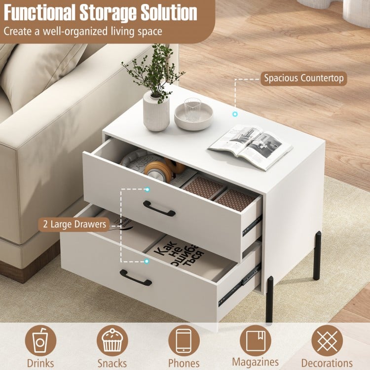 Modern white 2-drawer dresser with spacious countertop and metal handles, ideal for bedroom or office organization.