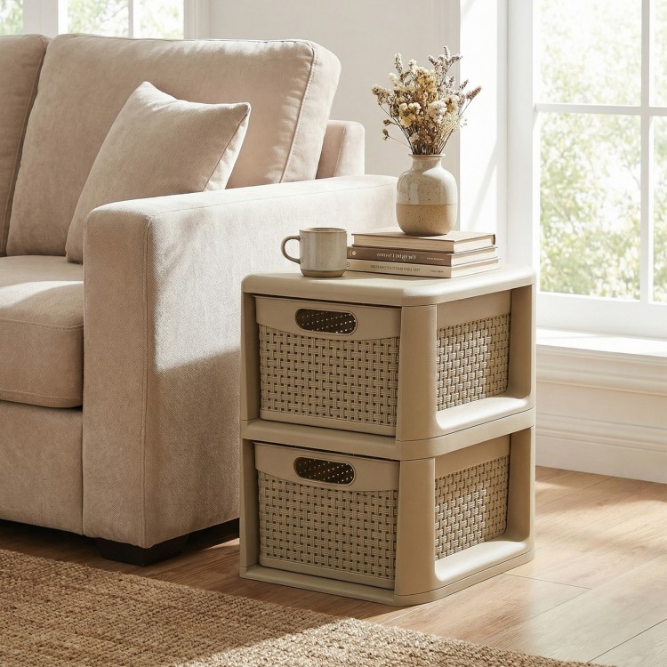 2-drawer storage organizer with wicker patterns in brown, perfect for cosmetics or office supplies, featuring a compact.