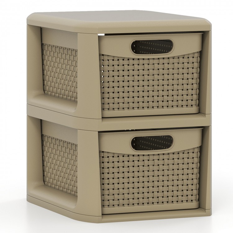 Compact 2-drawer storage organizer in brown with wicker patterns, ideal for cosmetics and office supplies.