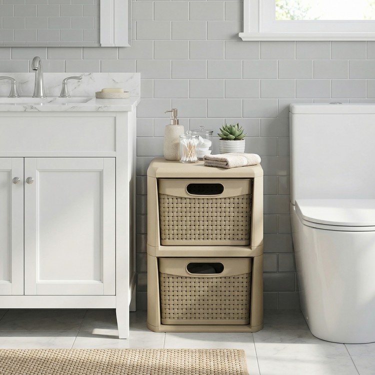 2-drawer storage organizer with wicker patterns in brown, perfect for bathroom or laundry room, featuring waterproof.