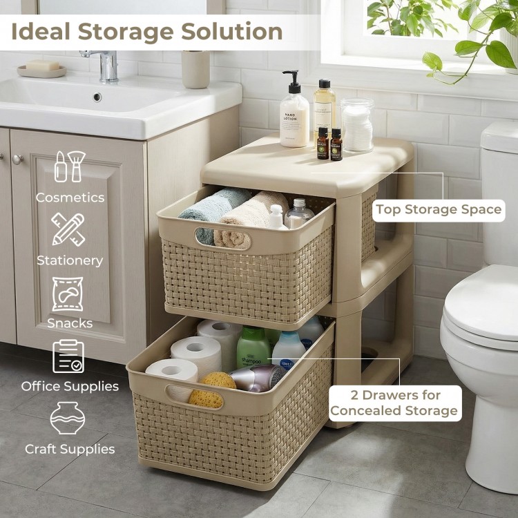 2-drawer storage organizer in brown with wicker patterns, perfect for cosmetics and office supplies, ideal for bathroom.