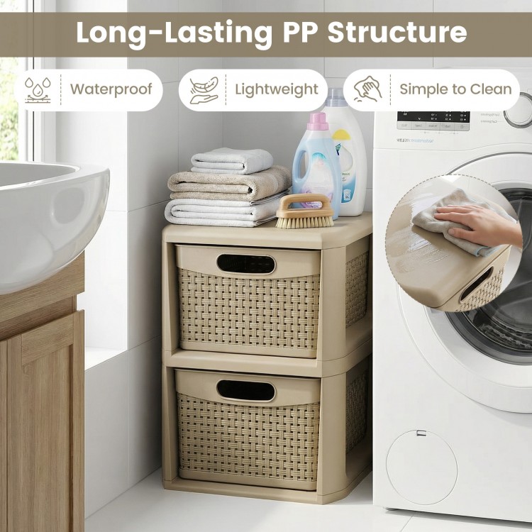 2-drawer storage organizer in brown with wicker patterns, waterproof PP plastic, ideal for bathroom or laundry room use.