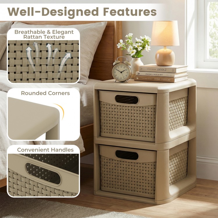 2-drawer storage organizer in brown with wicker patterns, perfect for cosmetics and office supplies, featuring rounded.