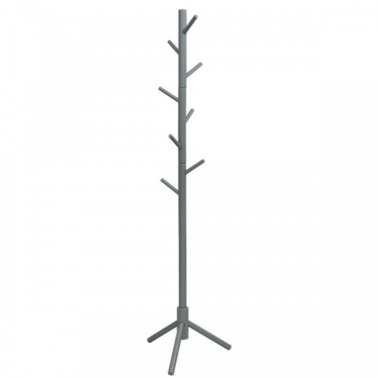 Gray wooden coat rack with 8 hooks and adjustable height, perfect for entryway or bedroom organization.