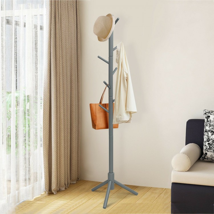 Gray wooden coat rack with 8 hooks, adjustable height, and sturdy rubberwood construction for versatile home use.