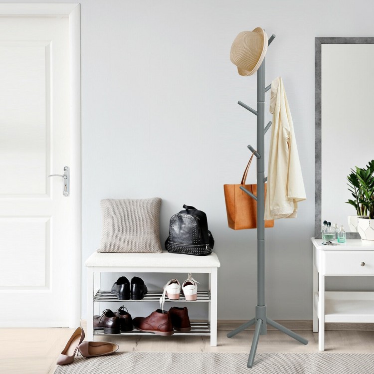 Gray wooden coat rack with 8 hooks, adjustable height, and sturdy base, ideal for entryway or living room organization.