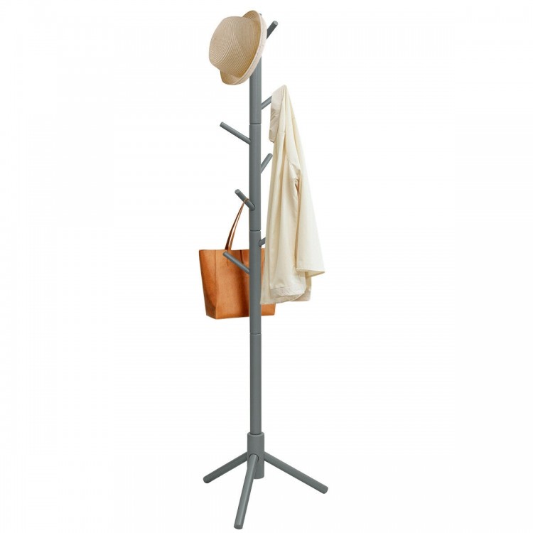 Gray wooden coat rack with 8 hooks, adjustable height, and stable 3-prong base, ideal for entryway or bedroom use.