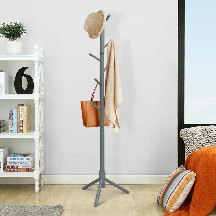 Gray wooden coat rack with 8 hooks, adjustable height, and stable 3-prong base for versatile use in any room.