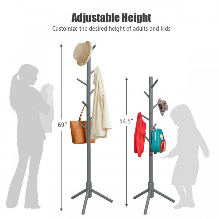 Gray wooden coat rack with adjustable height, featuring 8 hooks for clothing and bags, ideal for various rooms.