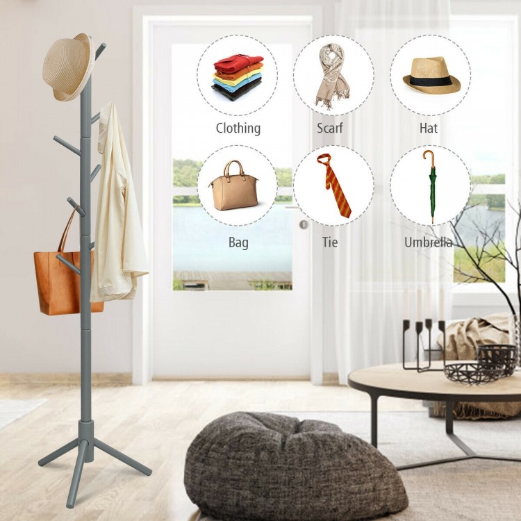 Gray wooden coat rack with 8 hooks, adjustable height, sturdy rubberwood, ideal for entryway or bedroom organization.