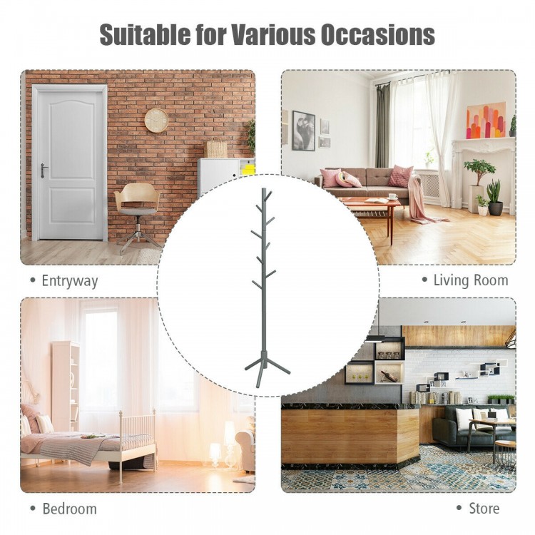 Gray wooden coat rack with 8 hooks, adjustable height, and sturdy base, ideal for entryway or living room use.