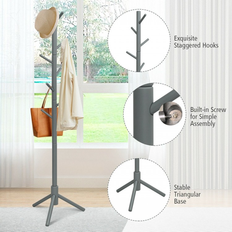 Gray wooden coat rack with 8 hooks, adjustable height, and stable triangular base for versatile use in any room.