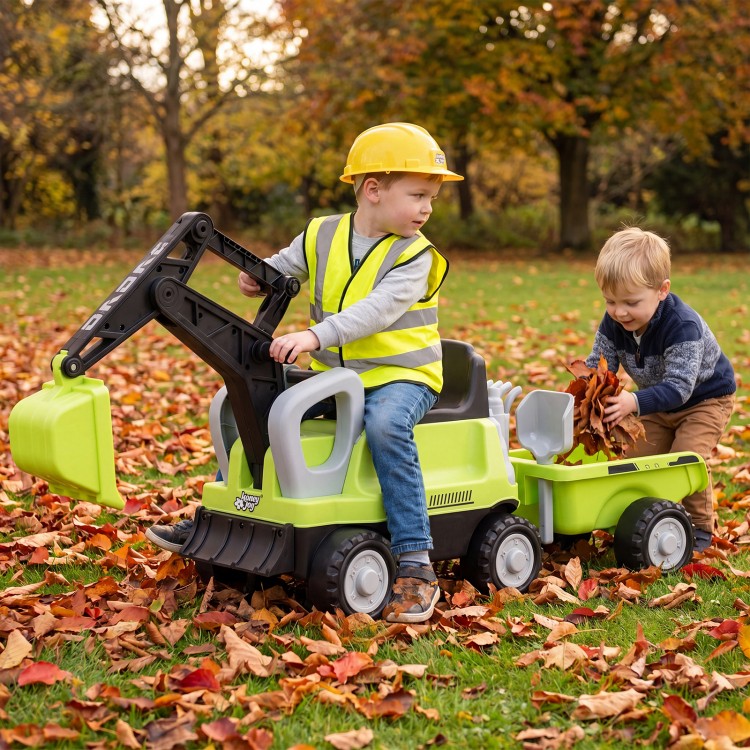 Kids ride-on tractor with digging arm and detachable trailer, designed for outdoor fun and physical development.