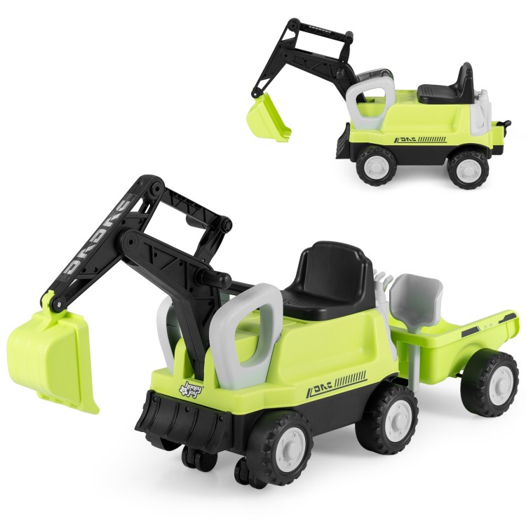 Green 2-in-1 kids ride-on tractor with digging arm, detachable trailer, and easy-to-grip levers for outdoor fun.