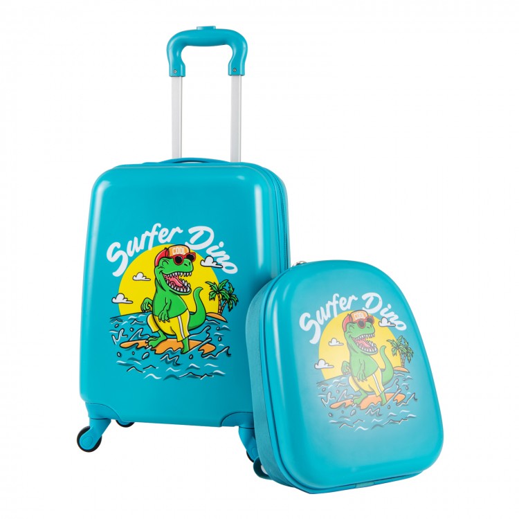 Kid luggage set featuring a blue hardshell suitcase and backpack with playful dinosaur patterns, perfect for travel.