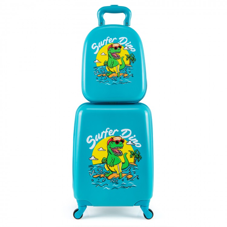 Bright blue 2 PCS kid luggage set with dinosaur design, includes hardshell suitcase and backpack, perfect for travel.