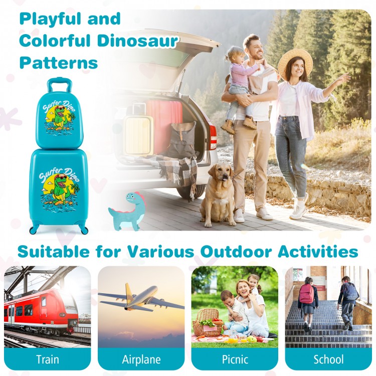 Kid luggage set featuring a hardshell suitcase and backpack with colorful dinosaur patterns, perfect for travel and.