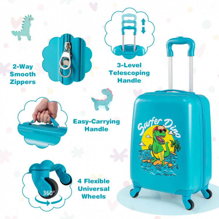 Hardshell blue suitcase from a kids' luggage set with a playful dinosaur design, featuring a telescoping handle and.