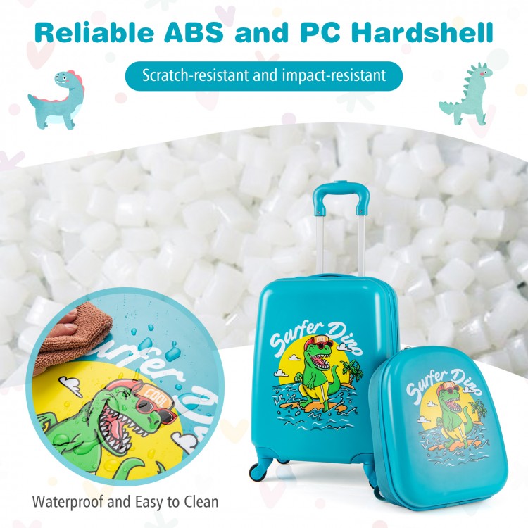 Close-up of the blue hardshell suitcase showing its reliable ABS material and playful dinosaur design, ideal for kids'.