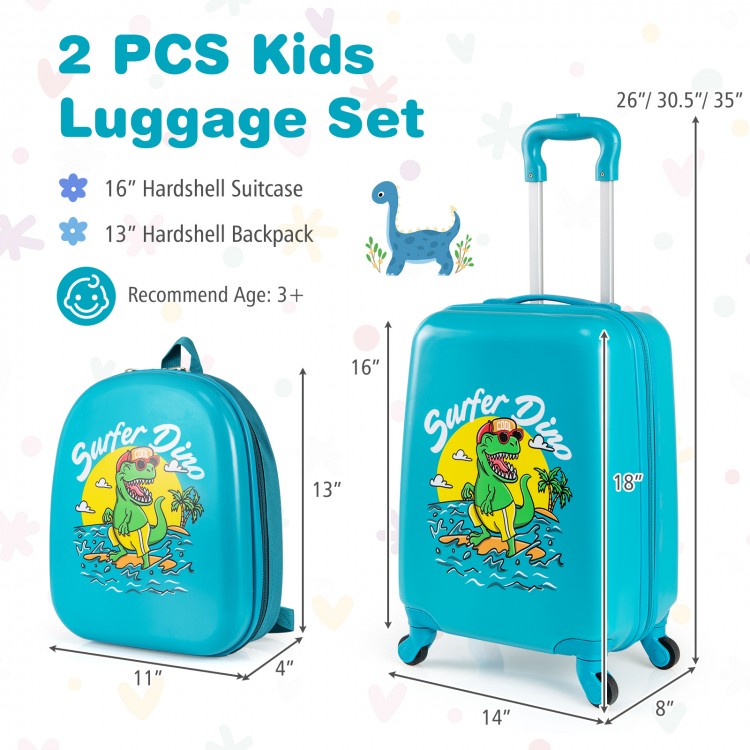 Kids luggage set featuring a blue hardshell suitcase and backpack with playful dinosaur patterns, perfect for travel.