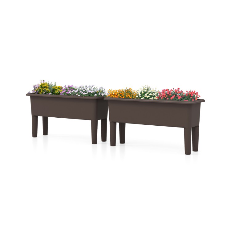 Two coffee-colored raised garden beds with self-watering feature, detachable legs, and drainage holes for versatile.
