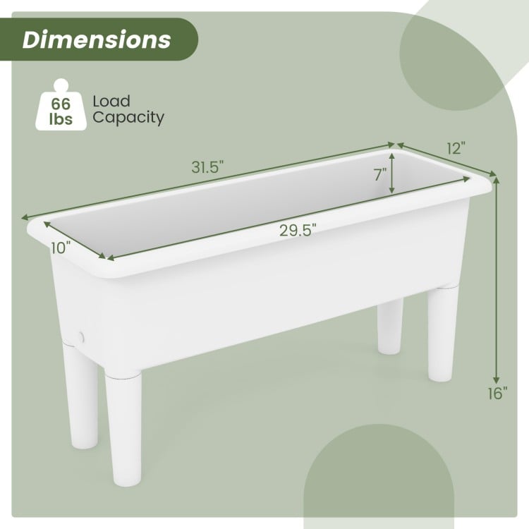 Dimensions of the 2 PCS white raised garden bed planter box with detachable legs and drainage hole for outdoor use.
