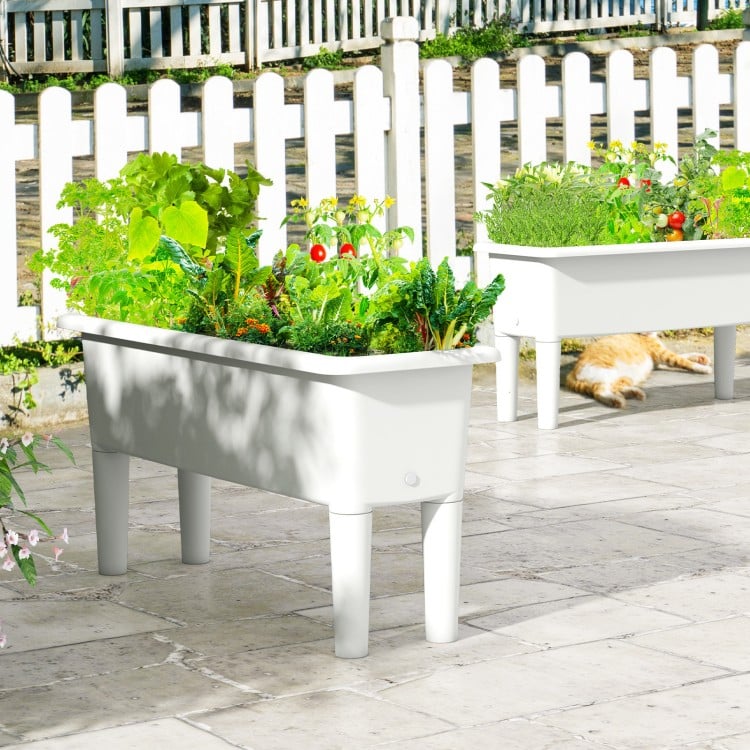 Self-watering raised garden bed in white with detachable legs, perfect for growing flowers and vegetables outdoors.