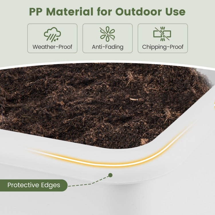 Close-up of the white self-watering planter box made of weather-proof PP material, featuring protective edges and.