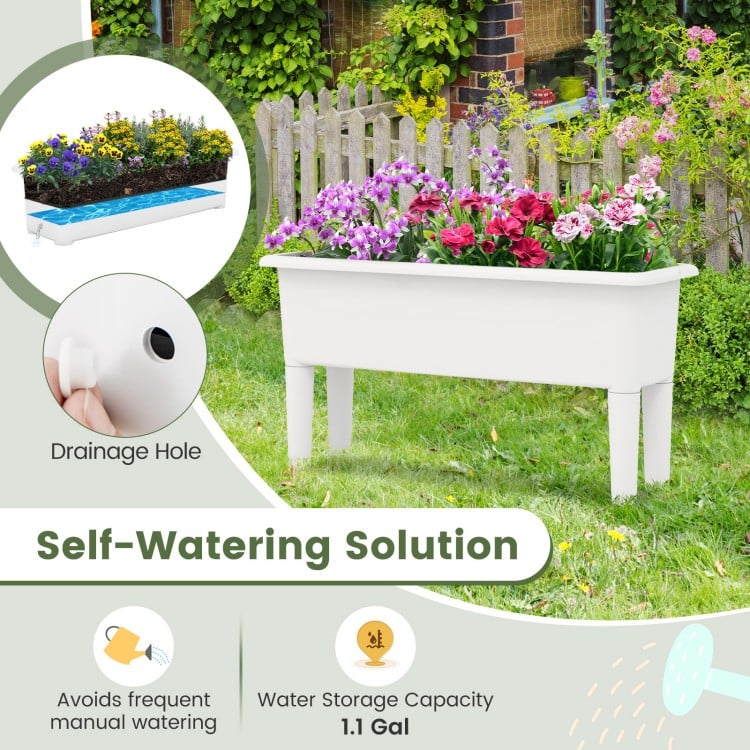 Self-watering planter box in white with drainage hole and detachable legs, ideal for flowers and vegetables outdoors.