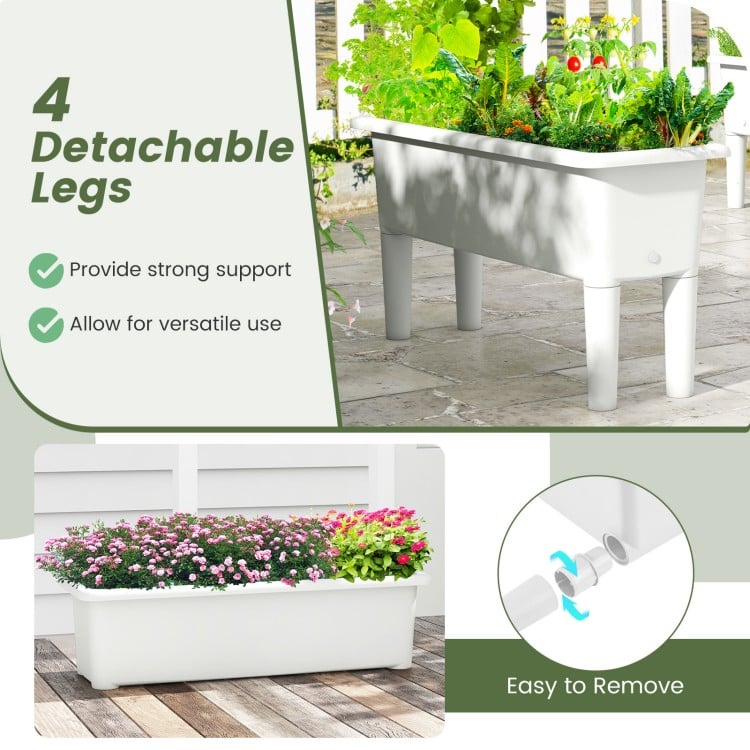 Self-watering planter box with detachable legs, made of weather-proof PP material, ideal for flowers and vegetables.