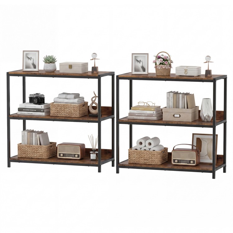 Two 3-tier industrial bookshelves with metal frames in rustic brown, styled with decorative items and storage baskets.