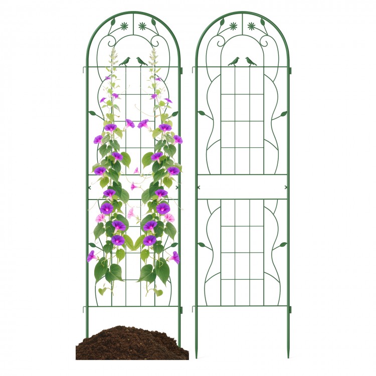 Metal garden trellis set, 71 x 20 inches, rustproof green support for climbing plants with decorative bird and flower.