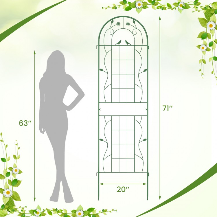 Green metal garden trellis, 71 x 20 inches, rustproof plant support with floral design for climbing plants and vines.