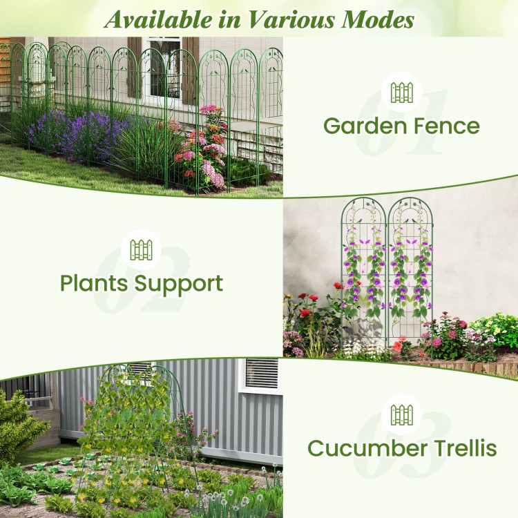 Metal garden trellis for climbing plants, 71 x 20 inches, rustproof green design, ideal as cucumber trellis or plant.