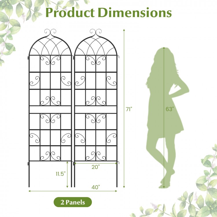 Metal garden trellis set, 71" x 20", sturdy powder-coated design for climbing plants, ideal for patios and gardens.
