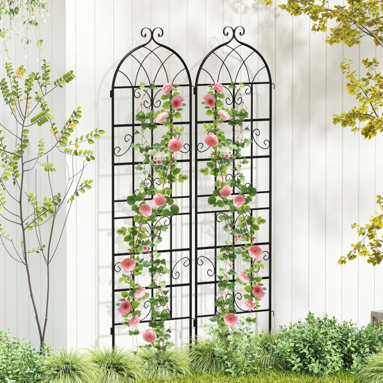 Elegant 71" x 20" metal garden trellis with a vine pattern, perfect for stabilizing climbing plants in your garden.