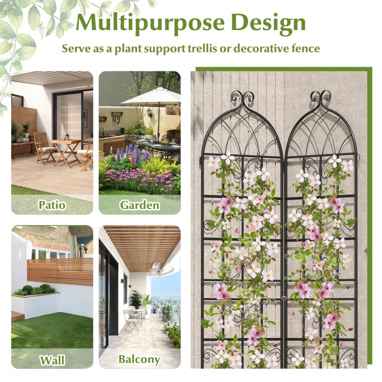 Single 71" x 20" metal garden trellis with deep ends for stability, perfect for decorative use on walls or balconies.