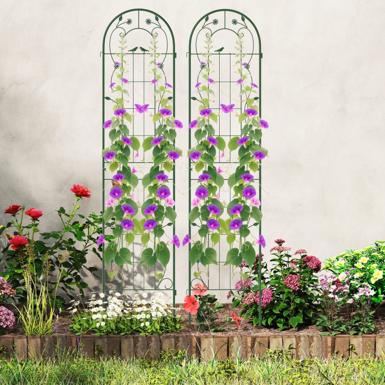 Metal garden trellis set in green, 86.5 x 20 inches, supporting climbing plants with decorative floral design for.