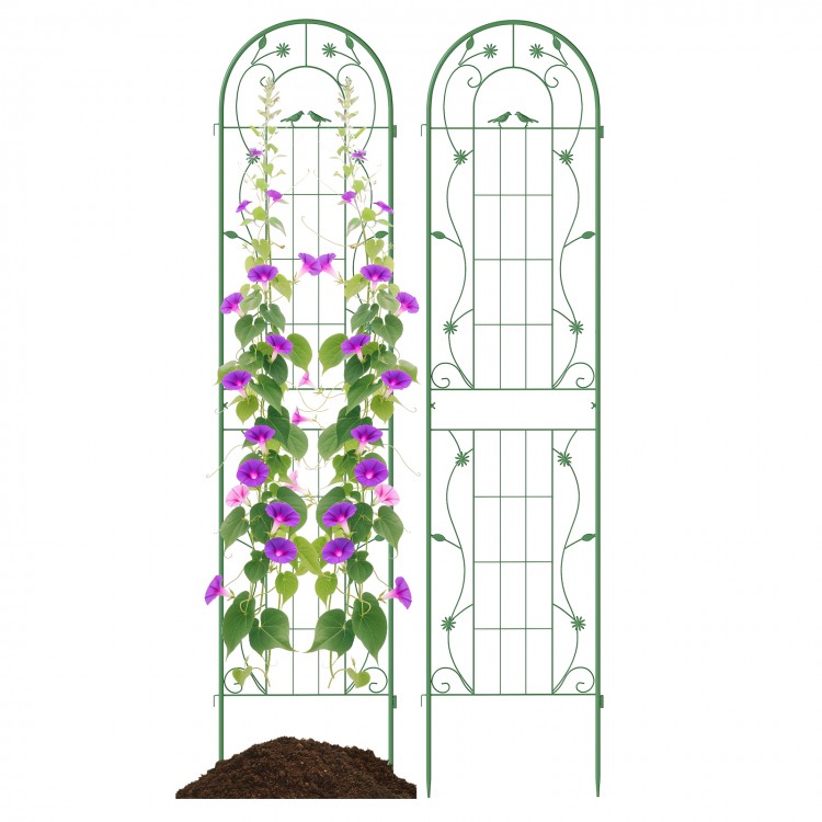 Green metal garden trellis for climbing plants, 86.5 x 20 inches, featuring floral design and sturdy rustproof.