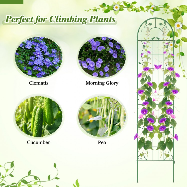 Metal garden trellis for climbing plants, 86.5 x 20 inches, green, sturdy design with floral patterns for outdoor charm.
