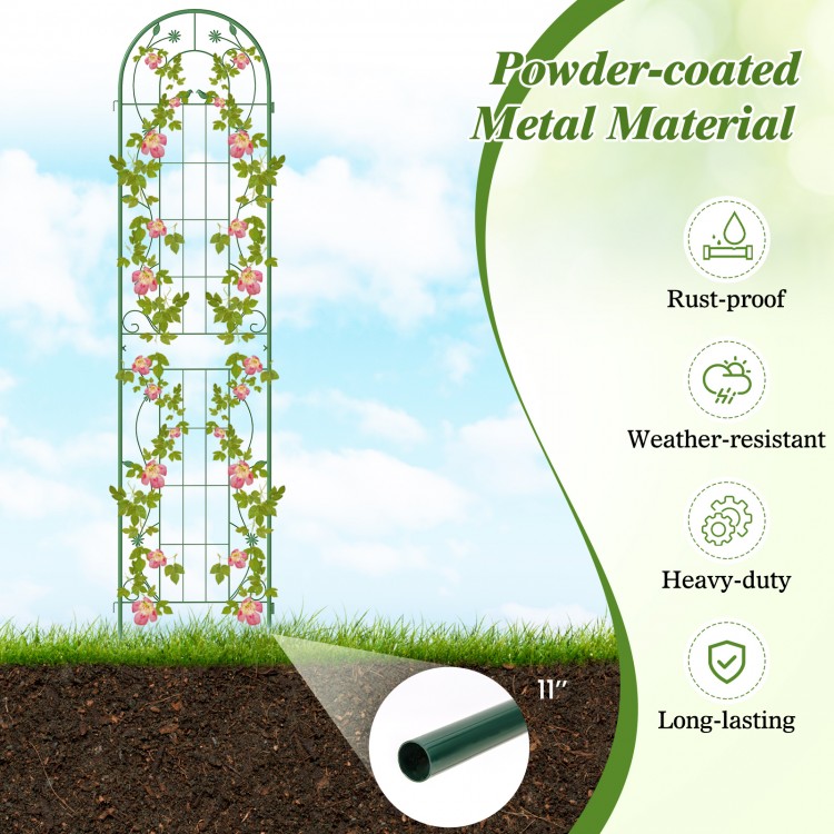 Green metal garden trellis for climbing plants, 86.5 x 20 inches, rust-proof and weather-resistant for outdoor use.