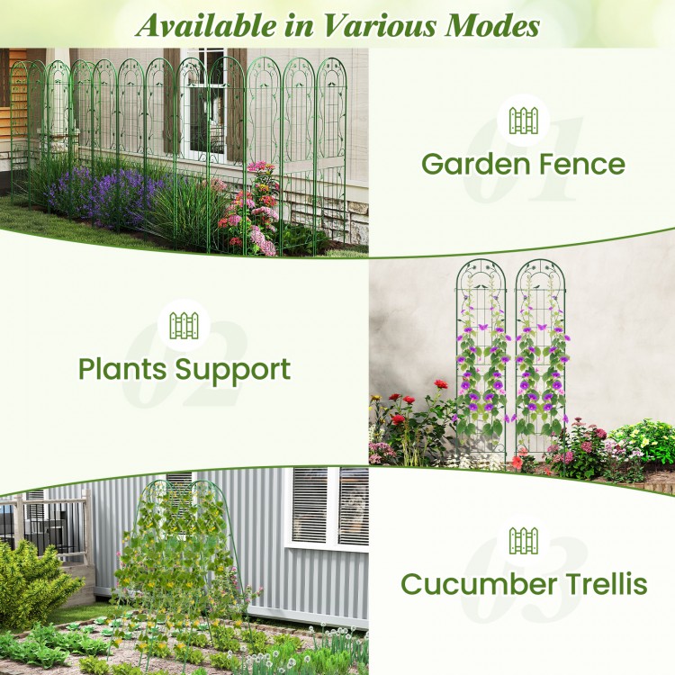 Metal garden trellis set for climbing plants, 86.5 x 20 inches, versatile support in green with decorative patterns.